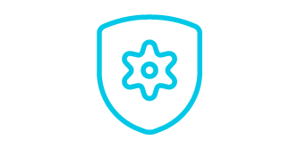 Icono de un engranaje dentro de un escudo, el icono es una ilustración de línea verde azulado con un fondo blanco.
