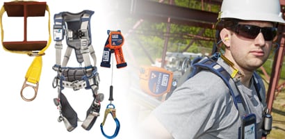 Composite image of several pieces of fall protection PPE with worker

