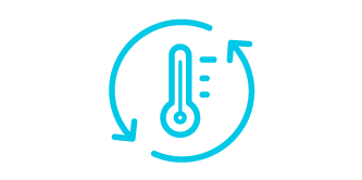 Icono de un indicador de temperatura y dos flechas dando vueltas alrededor del indicador, el icono es una ilustración de línea verde azulado con un fondo blanco.
