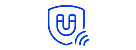 Icono de un escudo con un imán dentro y una onda que intenta penetrar desde la parte inferior derecha, el icono es una ilustración de líneas azules con fondo blanco.
